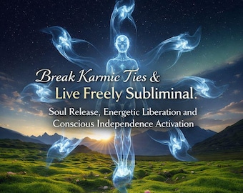 May include: An ethereal image featuring a glowing human figure surrounded by swirling blue energy. Text reads "Break Karmic Ties & Live Freely Subliminal." The background shows a grassy field, mountains, and a starry sky, evoking a sense of spiritual awakening.