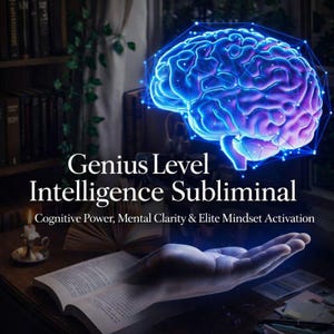 May include: An image featuring a glowing blue brain illustration above an open book. The text reads "Genius Level Intelligence Subliminal" with additional text below. The image suggests cognitive enhancement and mental clarity.