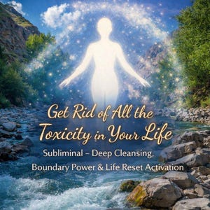 May include: Digital art depicting a glowing figure with outstretched arms, set against a backdrop of a flowing river and mountains. The image includes text that reads "Get Rid of All the Toxicity in Your Life."
