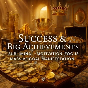 May include: An opulent image featuring stacks of gold coins, bundles of cash, and a golden trophy. The words "SUCCESS & BIG ACHIEVEMENTS" are prominently displayed, along with motivational phrases. A crown and treasure chest filled with gold complete the scene.
