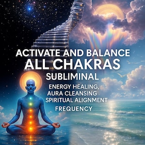 Könnte beinhalten: Digitales Kunstwerk, das eine meditierende Figur mit leuchtenden Chakra-Punkten vor dem Hintergrund eines Sternenhimmels, einer Treppe zum Himmel und einem ruhigen Ozean zeigt. Der Text lautet "ACTIVATE AND BALANCE ALL CHAKRAS" und "ENERGY HEALING, AURA CLEANSING, SPIRITUAL ALIGNMENT, FREQUENCY."