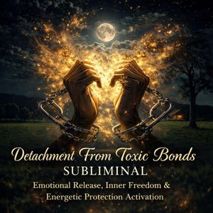 May include: Digital art depicting hands breaking free from chains, with a bright, golden light bursting forth. The image includes the text "Detachment From Toxic Bonds" and other related phrases, set against a night sky with a full moon.