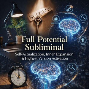 May include: An image promoting self-improvement with the text "Full Potential Subliminal." It features a key labeled "Success," a glowing brain graphic, and an alarm clock. Additional text includes "Self-Actualization, Inner Expansion & Highest Version Activation."