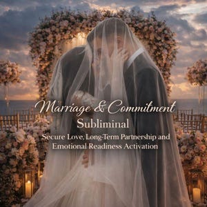 Puede incluir: Imagen romántica de una pareja abrazándose bajo un velo, con un arco floral y un fondo oceánico. El texto dice "Marriage & Commitment Subliminal" y "Secure Love, Long-Term Partnership and Emotional Readiness Activation".