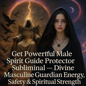 May include: Digital art featuring a woman in a black hooded cloak and a pendant necklace. The background includes a robed figure on a throne, ravens, and celestial elements. Text reads: Get Powerful Male Spirit Guide Protector Subliminal - Divine Masculine Guardian Energy, Safety & Spiritual Strength.
