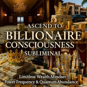 Op de afbeelding: Een afbeelding met de tekst "ASCEND TO BILLIONAIRE CONSCIOUSNESS SUBMLIMINAL". De afbeelding toont stapels contant geld, gouden munten en kronen, met een herenhuis en een luxe auto op de achtergrond. De tekst "Limitless Wealth Mindset" en "Power Frequency & Quantum Abundance" zijn ook aanwezig.