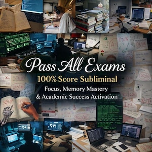 May include: A collage of images related to studying and academics. The central text reads "Pass All Exams" and "100% Score Subliminal." Other text includes "Focus, Memory Mastery & Academic Success Activation." The image features laptops, books, and handwritten notes.