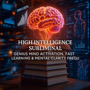 May include: A digital illustration features a glowing brain above a stack of books. The text reads "HIGH INTELLIGENCE SUBLIMINAL" and "GENIUS MIND ACTIVATION, FAST LEARNING & MENTAL CLARITY FREQU". The background includes data visualizations.