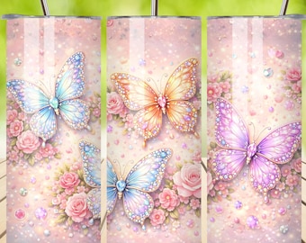 Diseño de sublimación para vaso de 20 oz, diseño de mariposa floral en formato PNG, diseño de flores en tonos pastel en formato PNG, descarga digital.