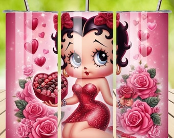 3D Cute Betty Boop Kiss Valentine tumbler wrap png, cute retro girl tumbler design, love heart cartoon cup art, 20oz Tumbler Sublimation PNG