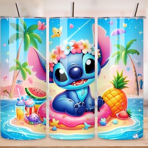 May include: A stainless steel tumbler featuring a cartoon character on a tropical island. The design includes a blue character wearing a flower crown, a pink inflatable ring, and a pineapple. The background shows palm trees, butterflies, and a beach scene.