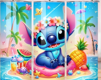 Cute Stitch Beach Tumbler PNG, Tropical Cartoon Sublimation Design, Kids Floral Tumbler Wrap, 20oz Digital Download, Summer Beach Gift