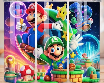 20oz Super Mario splash friend wrap,  Retro gamer cartoon tumbler PNG,3D Mario cartoon gaming cup digital design, instant download
