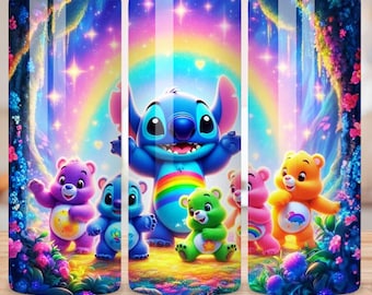 Stitch and Cartoon Bear 20oz Skinny Tumbler Wrap | Printable Sublimation Digital Download | Kids Rainbow Bear Design for Tumblers