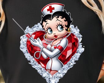 Koszulka pielęgniarki w stylu retro z motywem chrześcijańskim walentynkowym, pocałunek pielęgniarki Betty Boop w PNG, wzór serca pielęgniarki z kreskówkowym motywem, cyfrowe pobieranie pielęgniarki