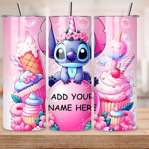 May include: A pink tumbler featuring a cartoon character with a unicorn horn, surrounded by cupcakes, ice cream, and candy. The tumbler has the text "ADD YOUR NAME HERE" on a pink bubble. The design includes pink and blue colors.