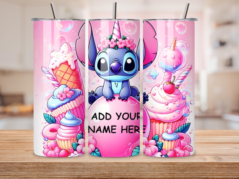 May include: A pink tumbler featuring a cartoon character with a unicorn horn, surrounded by cupcakes, ice cream, and candy. The tumbler has the text "ADD YOUR NAME HERE" on a pink bubble. The design includes pink and blue colors.