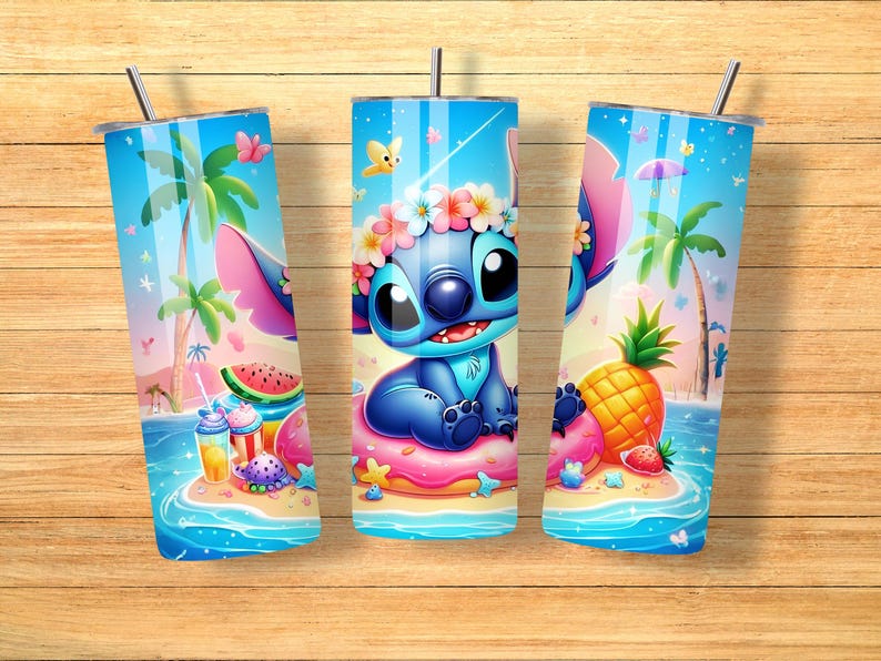 May include: Three blue tumblers with a tropical design featuring Stitch, palm trees, and beach elements. The tumblers have a stainless steel straw and a colorful illustration of Stitch on a beach with a pineapple, watermelon, and drinks.