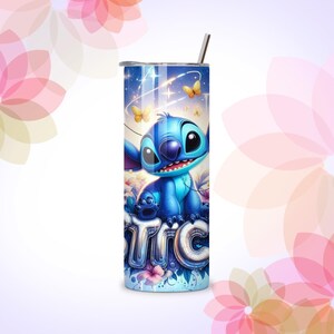 May include: A blue tumbler featuring the character Stitch from Lilo & Stitch. The design includes Stitch, butterflies, and the character's name in a bubbly font. The tumbler has a silver straw and a silver lid.