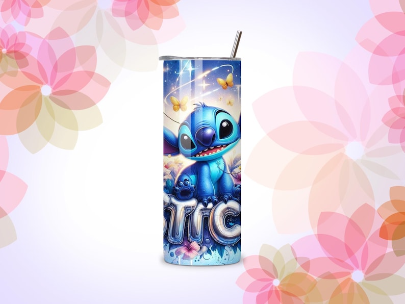 May include: A blue tumbler featuring the character Stitch from Lilo & Stitch. The design includes Stitch, butterflies, and the character's name in a bubbly font. The tumbler has a silver straw and a silver lid.