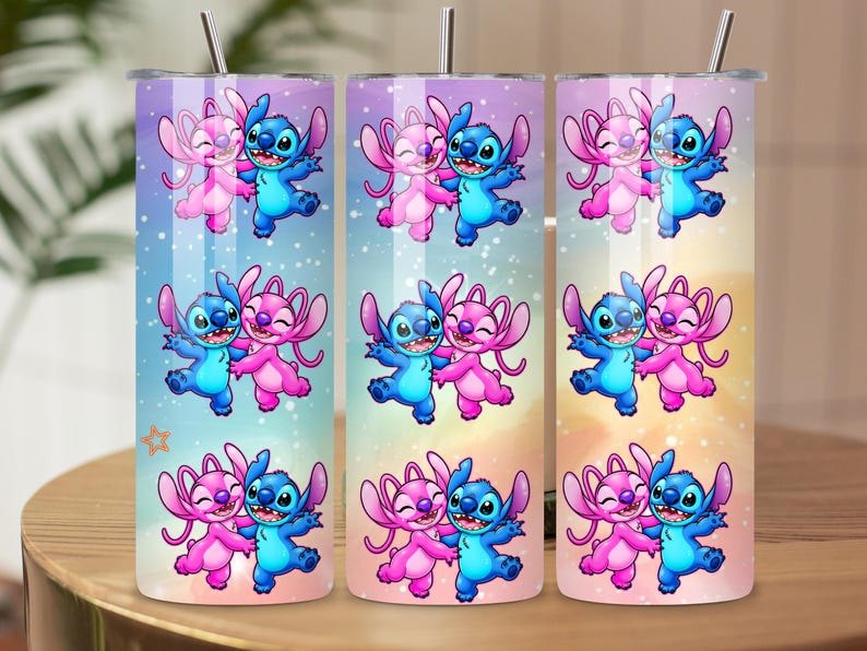 May include: Three stainless steel tumblers with a colorful design featuring the characters Stitch and Angel from the animated movie Lilo & Stitch. The tumblers have a gradient background and a straw.