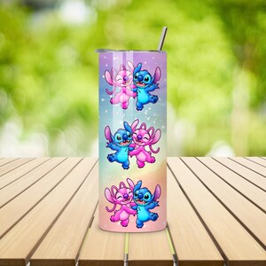 May include: A tall, stainless steel tumbler with a colorful design featuring the characters Stitch and Angel from Lilo & Stitch. The design shows the characters in pairs, with Stitch in blue and Angel in pink, against a pastel background. A silver straw is inserted in the lid.