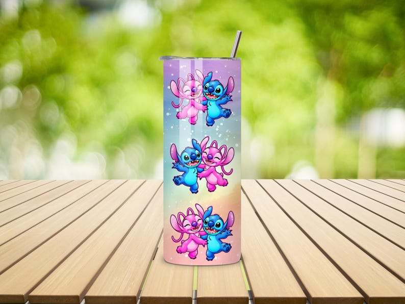 May include: A tall, stainless steel tumbler with a colorful design featuring the characters Stitch and Angel from Lilo & Stitch. The design shows the characters in pairs, with Stitch in blue and Angel in pink, against a pastel background. A silver straw is inserted in the lid.