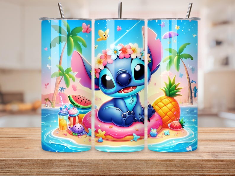 May include: A stainless steel tumbler featuring a cartoon character on a tropical island. The design includes a blue character wearing a flower crown, a pink inflatable ring, and a pineapple. The background shows palm trees, butterflies, and a beach scene.