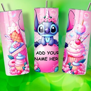 May include: Pink tumbler featuring a cartoon character with a unicorn horn and floral crown. The tumbler has a pink background with cupcakes, ice cream, and the text "ADD YOUR NAME HERE". Includes a silver straw.