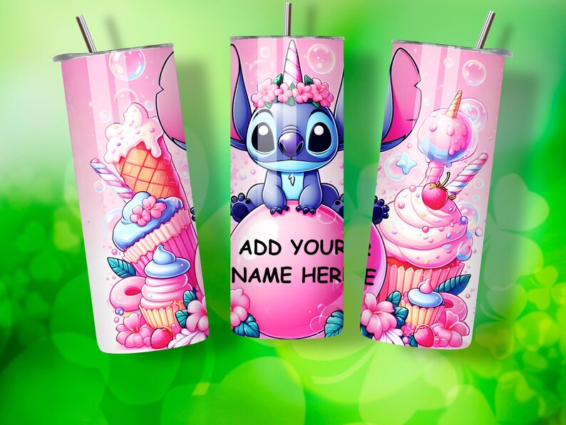 May include: Pink tumbler featuring a cartoon character with a unicorn horn and floral crown. The tumbler has a pink background with cupcakes, ice cream, and the text "ADD YOUR NAME HERE". Includes a silver straw.