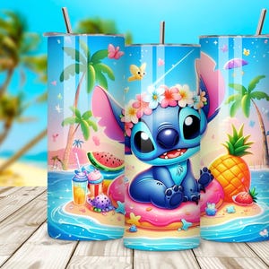 May include: Three stainless steel tumblers with a tropical design featuring a blue cartoon character wearing a flower crown, surrounded by palm trees, a pineapple, and a watermelon slice. The tumblers have a blue background with a beach scene.