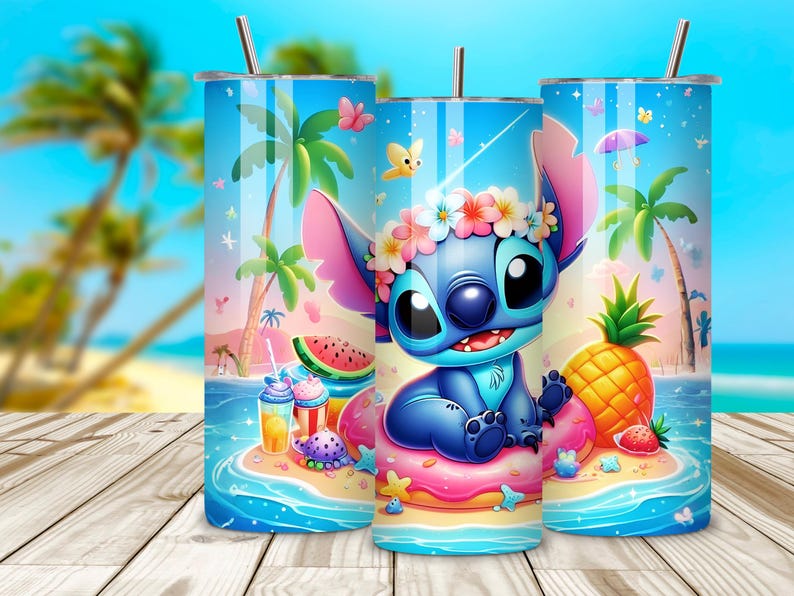 May include: Three stainless steel tumblers with a tropical design featuring a blue cartoon character wearing a flower crown, surrounded by palm trees, a pineapple, and a watermelon slice. The tumblers have a blue background with a beach scene.