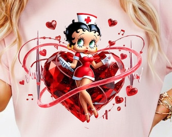 Koszulka pielęgniarki w stylu retro z motywem chrześcijańskim walentynkowym, pocałunek pielęgniarki Betty Boop w PNG, wzór serca pielęgniarki z kreskówkowym motywem, cyfrowe pobieranie pielęgniarki
