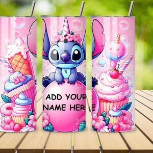 May include: Pink tumbler with a cartoon Stitch design, cupcakes, and ice cream cones. The tumbler has a straw and the text "ADD YOUR NAME HERE" on a pink bubble. The design features a unicorn Stitch with a floral crown.
