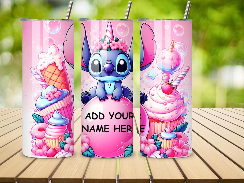 May include: Pink tumbler with a cartoon Stitch design, cupcakes, and ice cream cones. The tumbler has a straw and the text "ADD YOUR NAME HERE" on a pink bubble. The design features a unicorn Stitch with a floral crown.