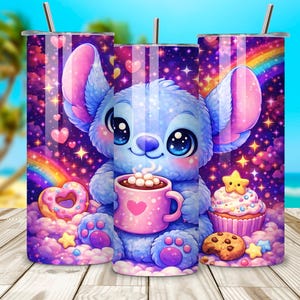 May include: A tumbler featuring a cartoon character with large eyes, holding a pink mug with a heart. The design includes a rainbow, stars, and sweets. The tumbler has a silver straw.