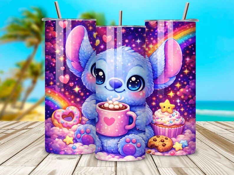 May include: A tumbler featuring a cartoon character with large eyes, holding a pink mug with a heart. The design includes a rainbow, stars, and sweets. The tumbler has a silver straw.