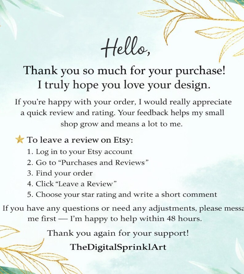 Puede incluir: Impresi&oacute;n digital con el texto "&iexcl;Hola, muchas gracias por tu compra!" e instrucciones sobre c&oacute;mo dejar una rese&ntilde;a en Etsy. TheDigitalSprinklArt est&aacute; en la parte inferior de la imagen.