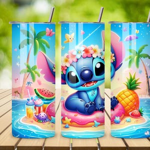 May include: A set of three stainless steel tumblers with a tropical design featuring the character Stitch. Each tumbler has a blue background with palm trees, butterflies, and beach elements. The design includes Stitch, a pineapple, and watermelon.