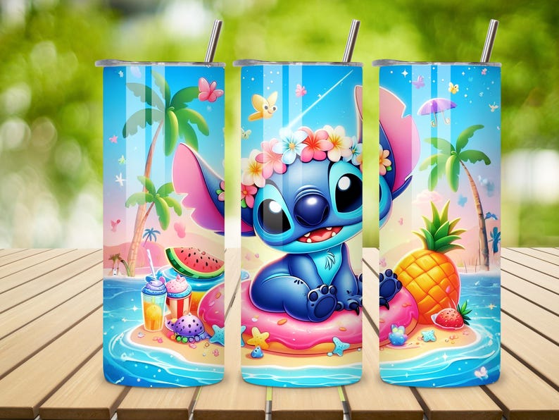 May include: A set of three stainless steel tumblers with a tropical design featuring the character Stitch. Each tumbler has a blue background with palm trees, butterflies, and beach elements. The design includes Stitch, a pineapple, and watermelon.