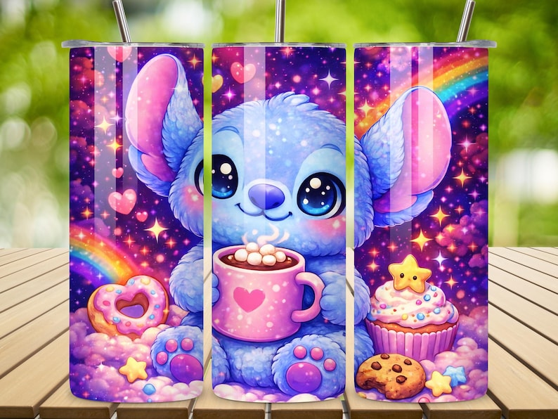 May include: A set of three stainless steel tumblers featuring a cartoon character holding a mug of hot chocolate. The design includes a rainbow, hearts, stars, a donut, a cupcake, and a cookie, all in a vibrant, colorful style.