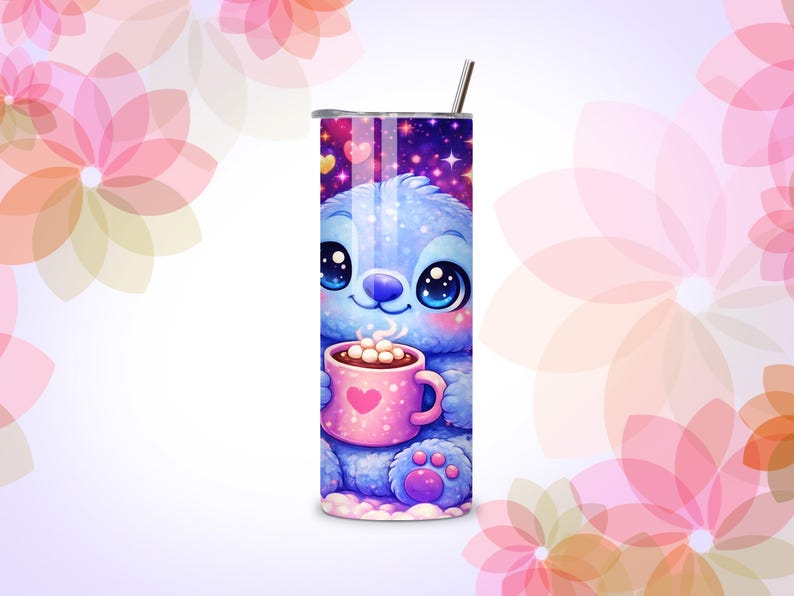 May include: A tall, stainless steel tumbler featuring a cartoon character holding a pink mug with a heart. The character is blue with large eyes, and the background is a starry night sky. A silver straw is inserted into the lid.