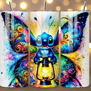 May include: A set of three stainless steel tumblers featuring a vibrant design. The design showcases a blue cartoon character with large eyes, holding a lantern, and set against colorful butterfly wings. The tumblers have a silver straw and lid.