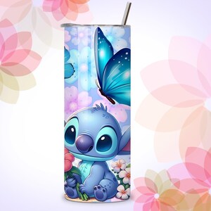 Stitch Inspired Floral Butterfly Tumbler Wrap PNG | 20oz Skinny Sublimation Design | Cute Cartoon character |Instant Download image 2