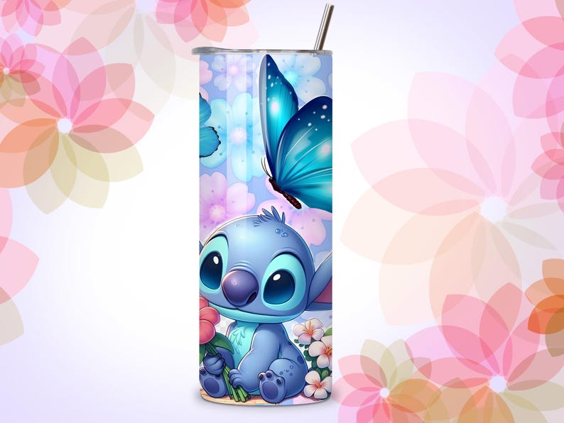Stitch Inspired Floral Butterfly Tumbler Wrap PNG | 20oz Skinny Sublimation Design | Cute Cartoon character |Instant Download image 2