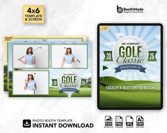 Golf Tournament Theme Photo Booth Template and Welcome Screen | 4x6 Horizontal | PSD + PNG Overlay | Digital Download