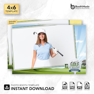 May include: A golf-themed photo booth template featuring a woman in golf attire holding a club. The design includes the text "GOLF Classic" and "4x6 TEMPLATE". The template is available for instant download.
