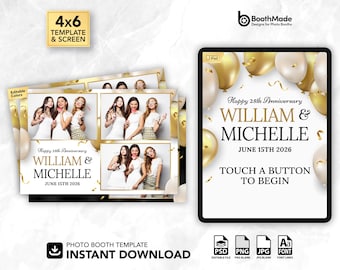 Elegant White & Gold Balloons Photo Booth Template and Welcome Screen | 4x6 Horizontal | PSD + PNG Overlay | Digital Download