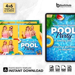 May include: A photo booth template with a pool party theme. The design includes a tablet screen with a pool background, a beach ball, and the text "Pool Party" with the date. The template also includes photos of people.