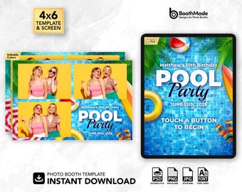 Plantilla de fotomatón y pantalla de bienvenida para fiesta en la piscina de verano / 4x6 horizontal / PSD + superposición PNG / Descarga digital